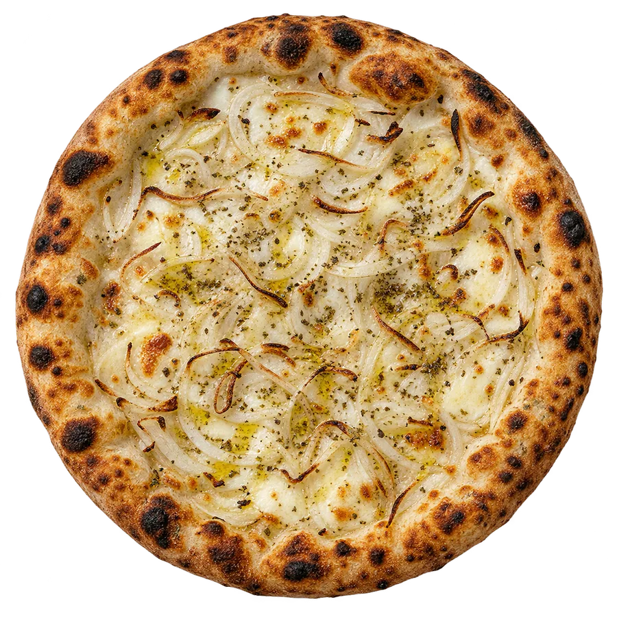 Prepizza fugazzeta vista desde arriba, con cebolla y queso