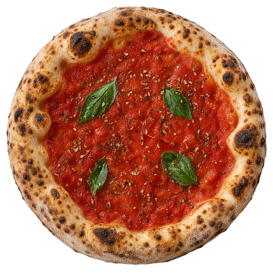 Prepizza de tomate vista desde arriba, con el borde manchado por el horno a leña